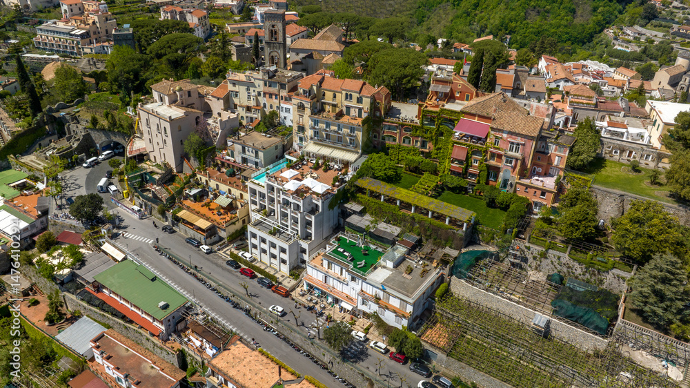 Fototapeta premium Aerial view of houses and apartments in the historic center of Ravello, , in the province of Salerno, in Campania, Italy.