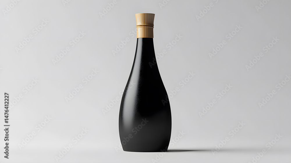 Sleek black bottle with wooden cap stands against plain background, exuding elegance and simplicity Sleek black bottle with wooden cap stands against plain background, exuding elegance and simplicity