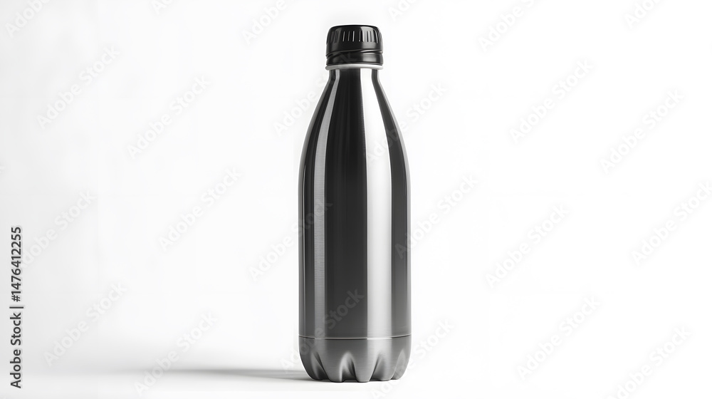 Sleek stainless steel water bottle stands isolated on white background Sleek stainless steel water bottle stands isolated on white background