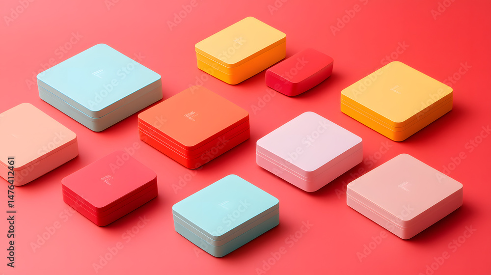 Obraz premium Colorful tech product packaging arranged on vibrant red background, showcasing various sizes and shapes