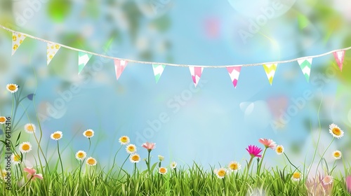 Flag Day Natural Background: Red Flags Merge with Wilderness, Spreading an Ecological Scroll Co - painted by Mountains, Rivers, Plants and Flag Passion