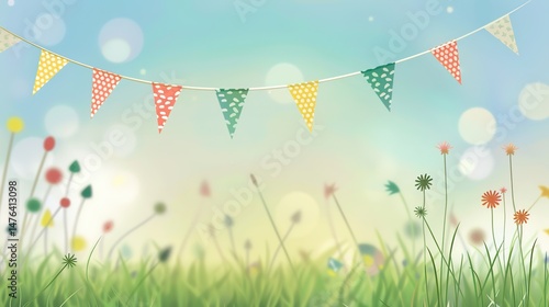 Flag Day Natural Background: Red Flags Merge with Wilderness, Spreading an Ecological Scroll Co - painted by Mountains, Rivers, Plants and Flag Passion