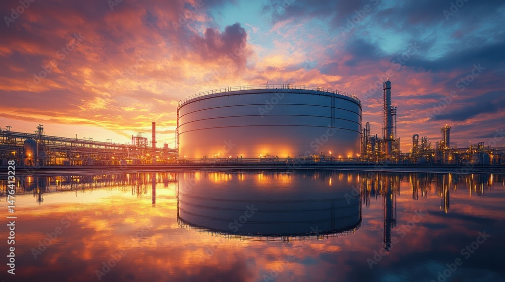 Fototapeta premium Industrial factory exterior du sunset with large storage tank, reflecting water, pollution, metal structures, tanks, smokestacks, infrastructure, energy plant, sunset sky, manufactu facility