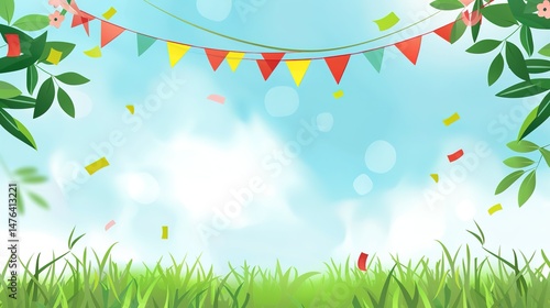 Flag Day Natural Background: Red Flags Merge with Wilderness, Spreading an Ecological Scroll Co - painted by Mountains, Rivers, Plants and Flag Passion