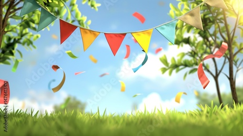 Flag Day Natural Background: Red Flags Merge with Wilderness, Spreading an Ecological Scroll Co - painted by Mountains, Rivers, Plants and Flag Passion