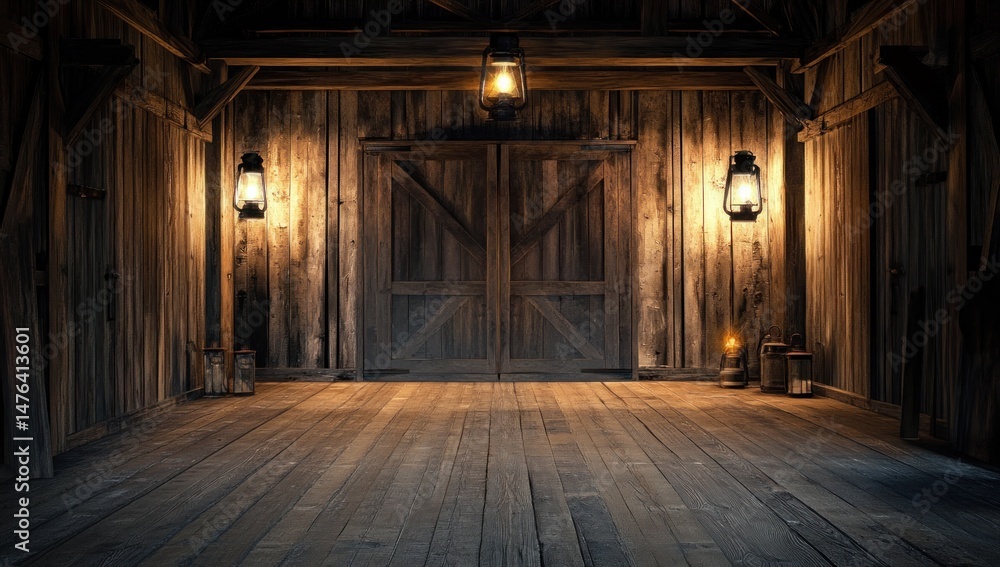 Obraz premium Dark Rustic Barn Interior with Wooden Doors and Lanterns
