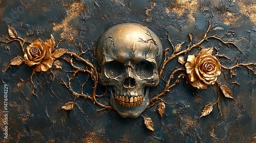 Fototapeta Naklejka Na Ścianę i Meble -  Artistic dark skull decorated with metallic roses high resolution photo