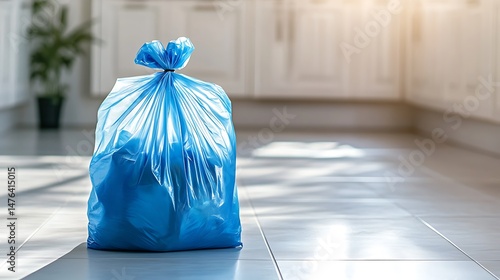 Close up of a blue trash bag with recyclables, neatly tied at the top, sitting on a kitchen floor, soft light reflecting off the shiny surface of the bag and the nearby floor tiles