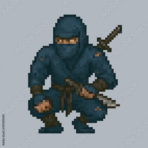 squat black ninja in pixel art style with isolated background