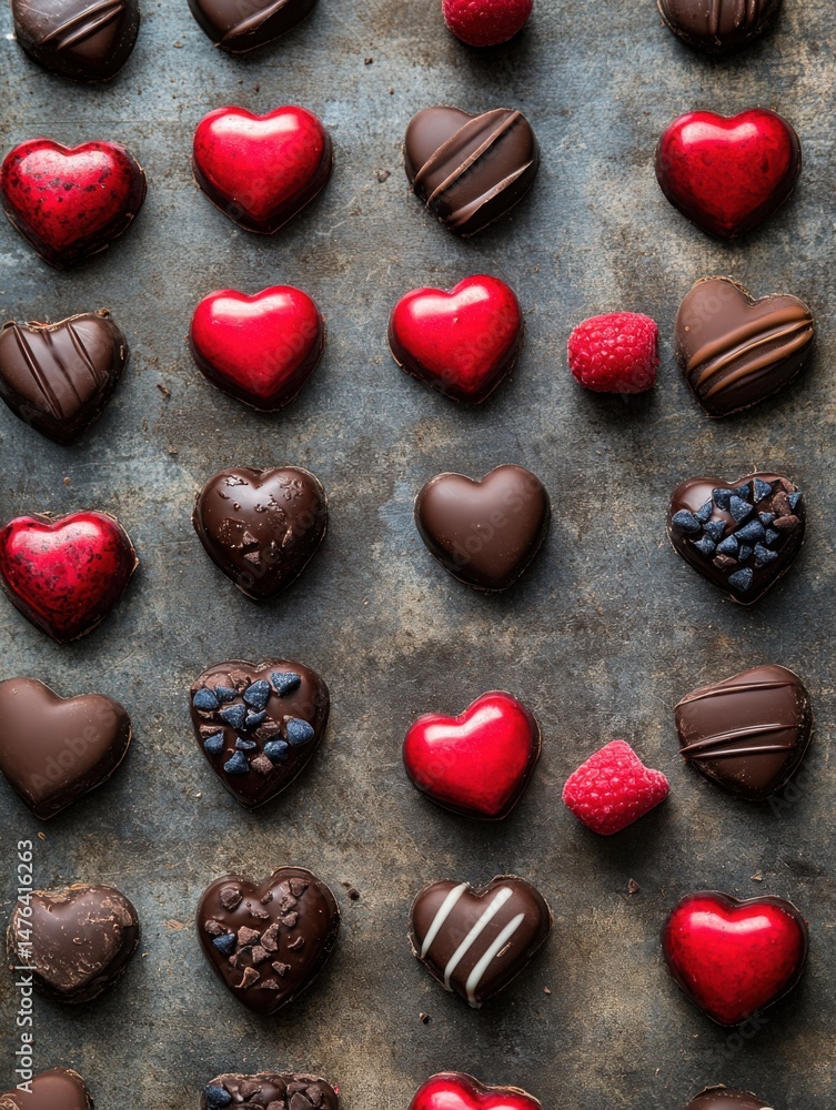 Heart Shaped Chocolates and Raspberries on Rustic Background Overhead Flat Lay for Valentine's Day or Romantic Occasion Sweet Treats Heart Shaped Chocolates and Raspberries on Rustic Background Overhead Flat Lay for Valentine's Day or Romantic Occasion Sweet Treats