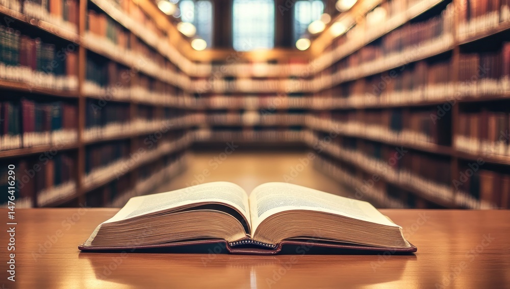 Obraz premium Open Book in a Grand Library: A Haven for Knowledge