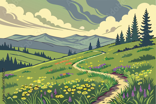 64 wide angle view of a lush green meadow with a spiral pattern of colorful wildflowers, mountains in the background, dramatic clouds in the sky, beautiful natural landscape, detailed, vivid colors, h