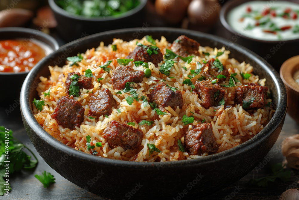 Steaming Biryani Surrounded by Authentic Indian Side Dishes and Raita Steaming Biryani Surrounded by Authentic Indian Side Dishes and Raita