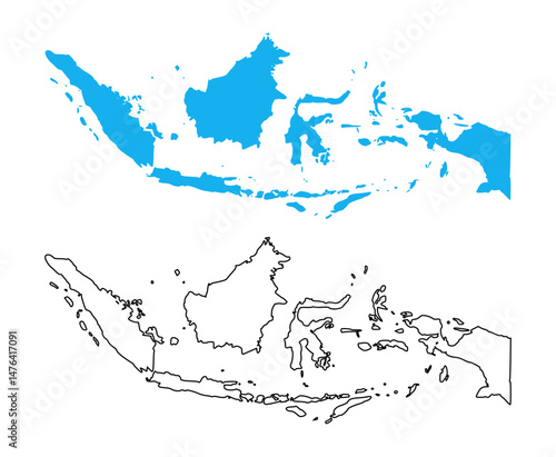 indonesia country map. Map in various outline and blue silhouette styles