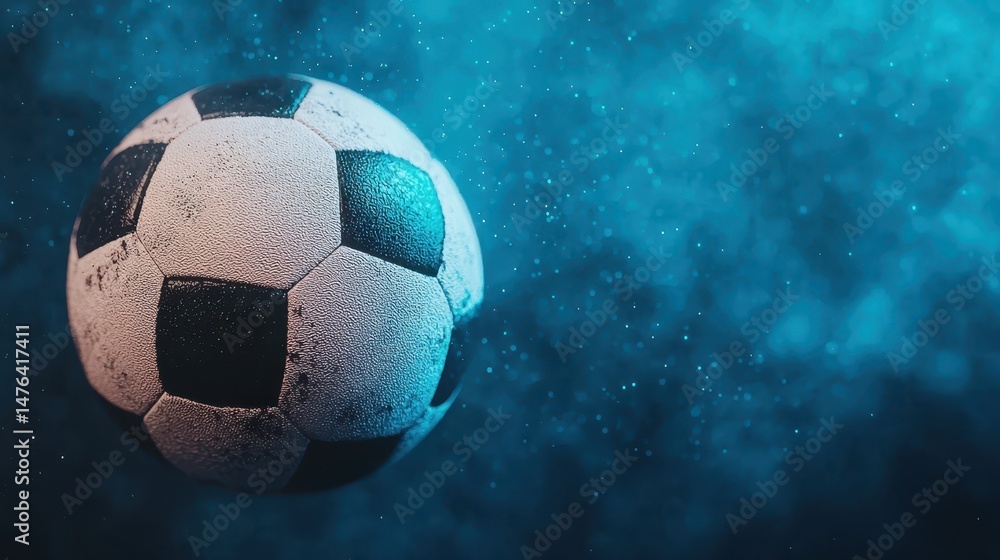 Naklejka premium Dynamic Soccer Ball in Motion with Dramatic Lighting and Smoke Effect Background