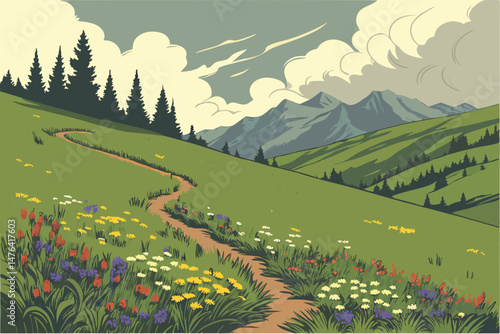 64 wide angle view of a lush green meadow with a spiral pattern of colorful wildflowers, mountains in the background, dramatic clouds in the sky, beautiful natural landscape, detailed, vivid colors, h