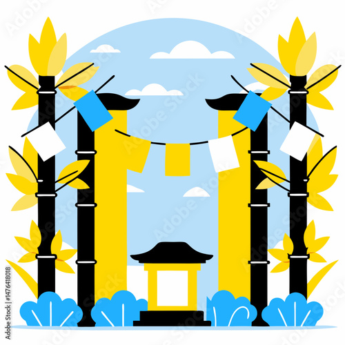 七夕の夜の神社と飾り / Shrine and Tanabata decorations at night