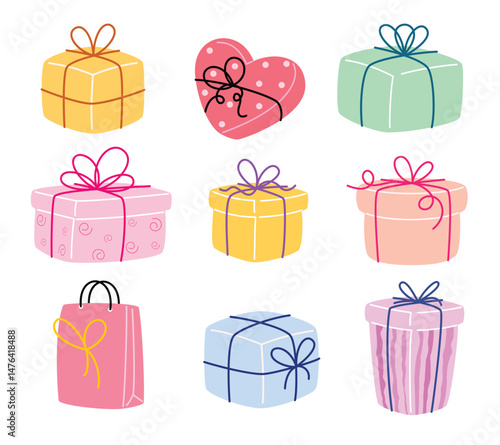 Gift box drawing elements clipart set. Birthday gift box colorful clip art collection for flat icon decoration in white background vector illustration. 
