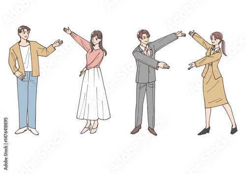 こちらと案内のポーズをしている若いビジネスマンたちのイラストセット
