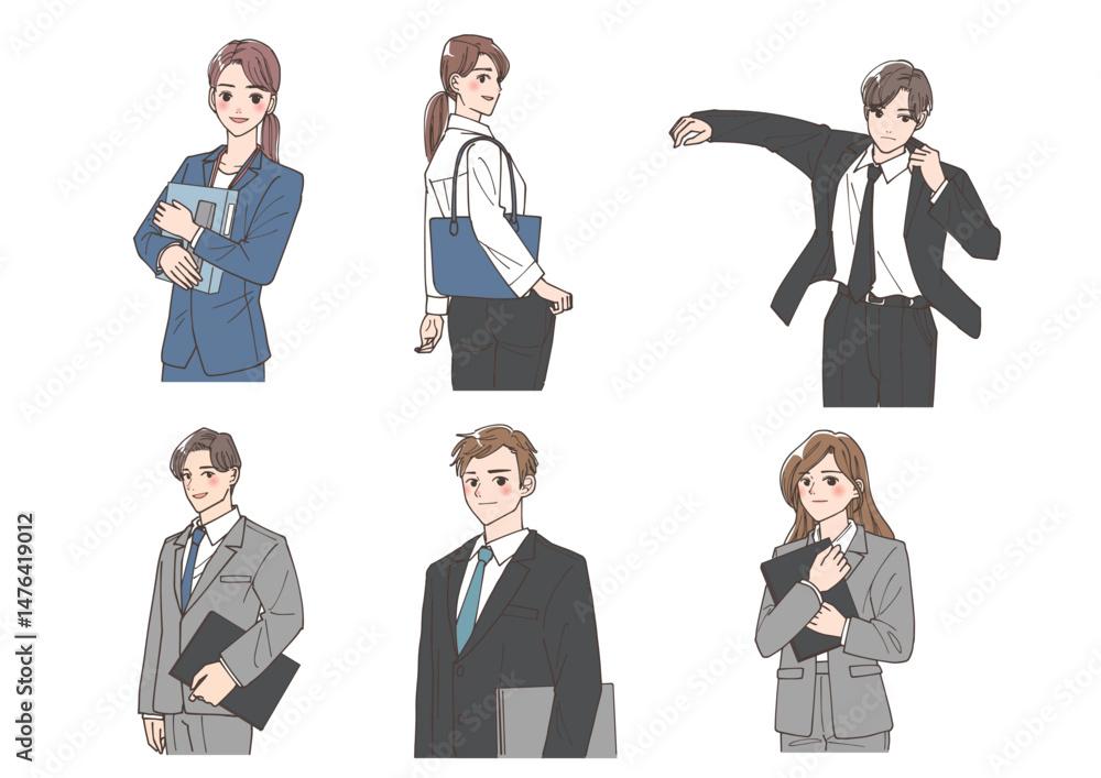 決めポーズをしている若い男女のビジネスマンのイラストセット 決めポーズをしている若い男女のビジネスマンのイラストセット