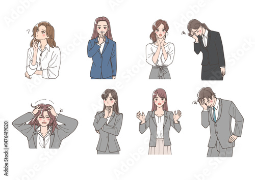 若い男女のビジネスマンが様々なジェスチャーをしているイラストセット