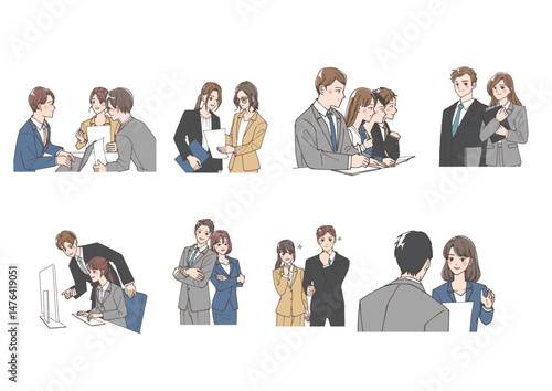 良い関係性を築いている若いビジネスマンのチームのイラストセット