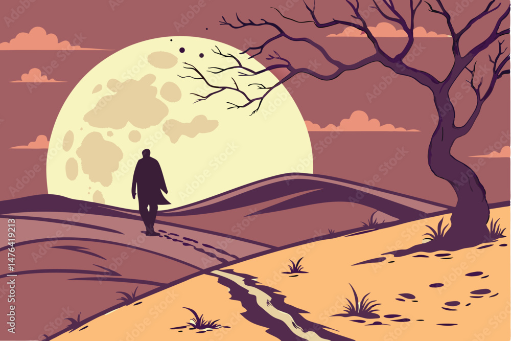 Naklejka premium 65 wide angle, epic, serene landscape, full moon rising over a desert path, glowing moon, silhouetted figure walking on path, dramatic sky, vibrant colors, moody, cinematic, award-winning photograph