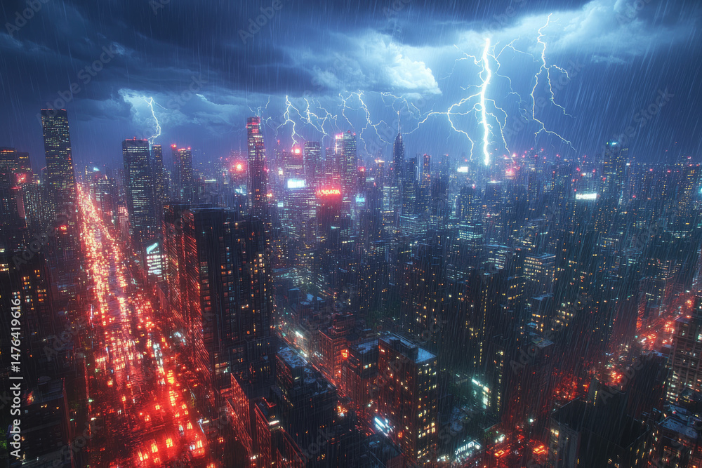 Fototapeta premium Storm Clouds Collide with Neon Dreams in the Skyline