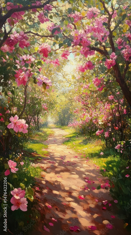 Naklejka premium Blooming pathway through a vibrant spring garden