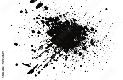 Abstract ink splatters on white background.  Dark, black ink droplets and splashes radiating outwards from a central point