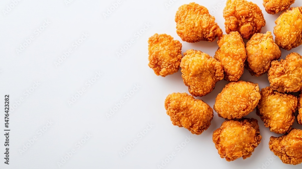 Crispy golden fried chicken bites arranged on a clean white surface, perfect for culinary presentations Crispy golden fried chicken bites arranged on a clean white surface, perfect for culinary presentations