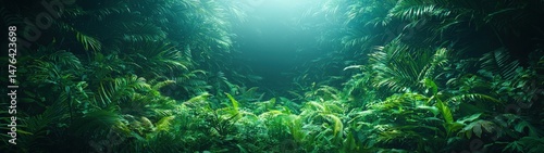 Dense rainforest scene with a lot of green vegetation and the light shining through, very immersive.