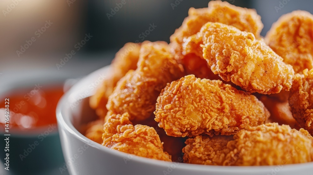 Crispy Golden Chicken Nuggets in a Bowl with Tangy Dipping Sauce and a Soft Background Crispy Golden Chicken Nuggets in a Bowl with Tangy Dipping Sauce and a Soft Background