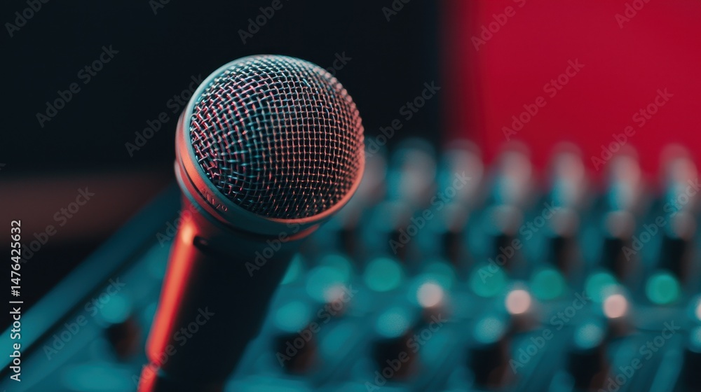 Close-up View of a Silver Microphone with Mixing Console in the Background in a Colorful Studio Environment