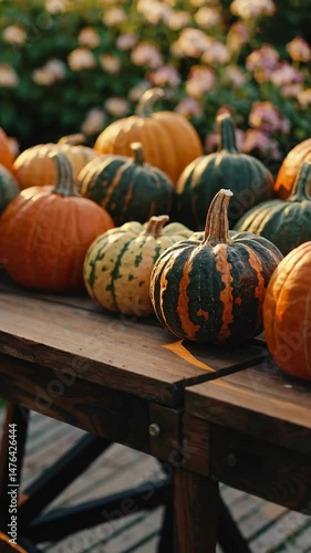 Vibrant autumn pumpkins arranged on rustic wooden table in sunlit garden
