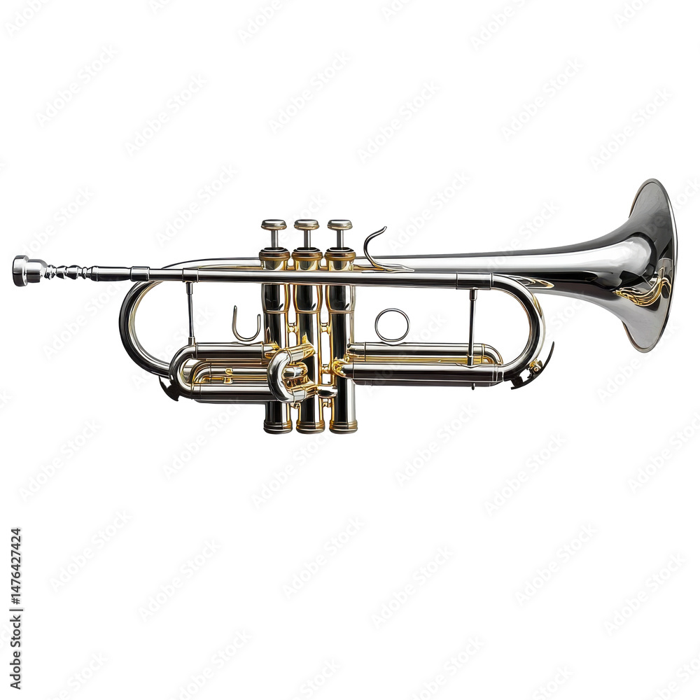 Obraz premium trumpet, silver and gold musical instrument on white background.