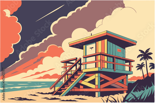 15 lifeguard station, colorful wooden building, vibrant colors, tropical beach, miami beach, sunset sky, dramatic clouds, cloudscape, scenic ocean view, vibrant, detailed, photorealistic