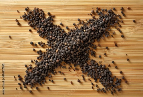 Dark Peppercorns Arranged in a Bold X Shape on a Light Wooden Surface for Culinary Decoration and Food Photography
