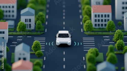 Futuristic Electric Vehicle Navigating Through Smart City with Autonomous Technology in Detailed Urban Setting