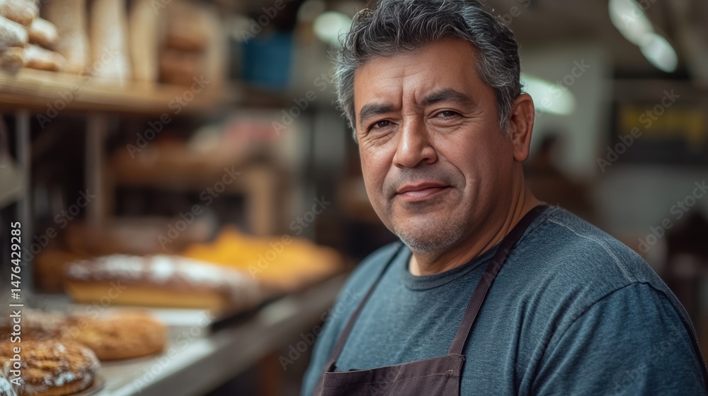 Hispanic Man business owner. Pastry Chef working in Bakery Shop Baked, looking at camera. Startup successful small business owner. Small and Medium Enterprises concept. Hispanic Man business owner. Pastry Chef working in Bakery Shop Baked, looking at camera. Startup successful small business owner. Small and Medium Enterprises concept.