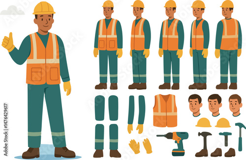 Construction worker, builder in helmet, vest, uniform. Character constructor for animation. Front, side and back view setS. Body parts, postures, poses collection. Vector illustration