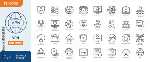 VPN line editable icon set. Containing secure connection, cybersecurity, privacy, encrypted, proxy, firewall, online protection and more. Editable stroke. Vector illustration