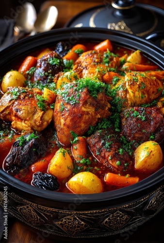 Delicious and Aromatic Chicken Stew with Root Vegetables and Prunes in a Black Clay Pot Garnished with Fresh Herbs and Spices