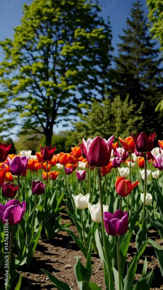 Vibrant tulip garden blossoms under sunny skies with gentle breeze Vibrant tulip garden blossoms under sunny skies with gentle breeze