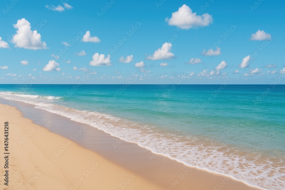 Fototapeta premium Serene Tropical Beach Scene Azure Ocean Waves Gently Lap Golden Sand Under a Blue Sky with Fluffy White Clouds