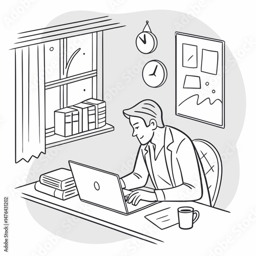 Sketch style doodle of business man working on laptop at home office