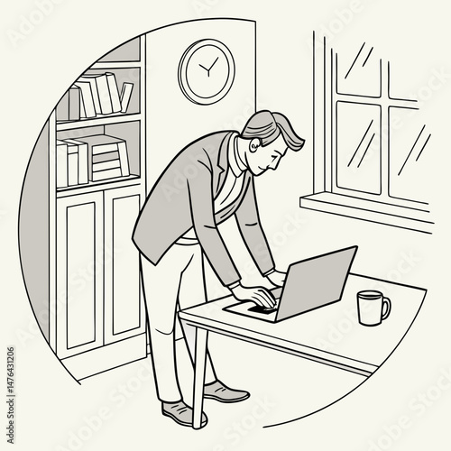 Sketch style doodle of business man working on laptop at home office