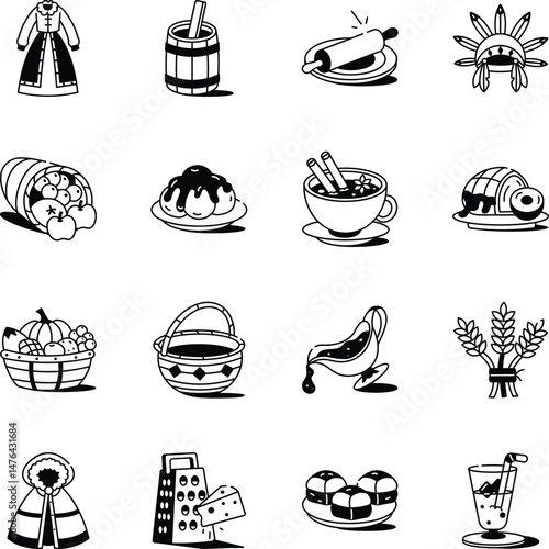 Pack of Thanksgiving Celebration Doodle Style Icons 
