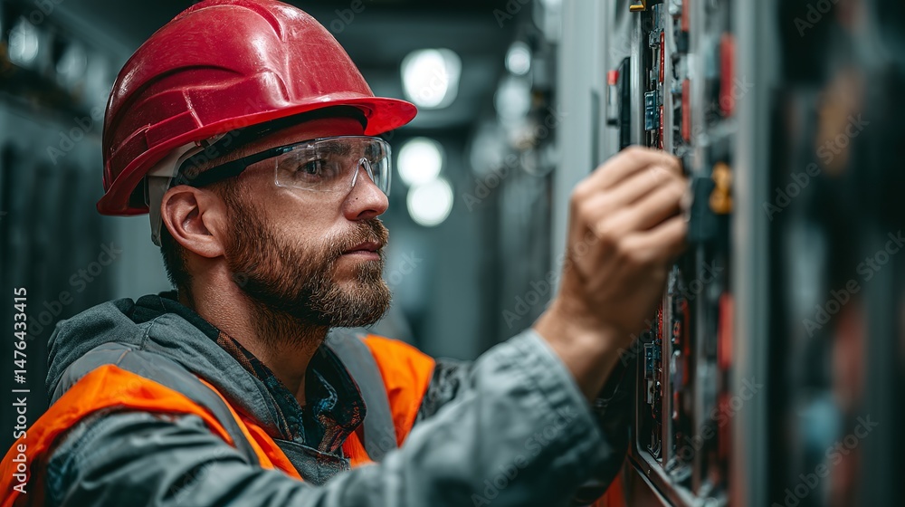 Focused Electrician Industrial Worker Repairing Electrical Panel System Equipment Maintenance Safety Hard Hat Professional Expertise Energy Technology Focused Electrician Industrial Worker Repairing Electrical Panel System Equipment Maintenance Safety Hard Hat Professional Expertise Energy Technology