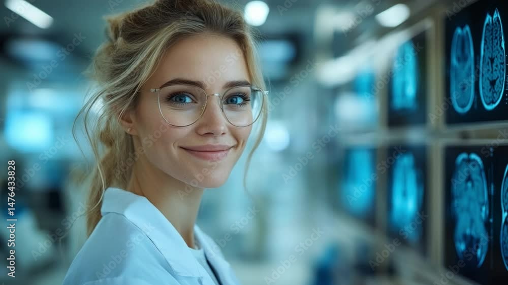 A focused doctor, with a gentle smile, stands poised in a cutting-edge medical facility, surrounded by detailed brain scans that symbolize the brilliance of medicine A focused doctor, with a gentle smile, stands poised in a cutting-edge medical facility, surrounded by detailed brain scans that symbolize the brilliance of medicine